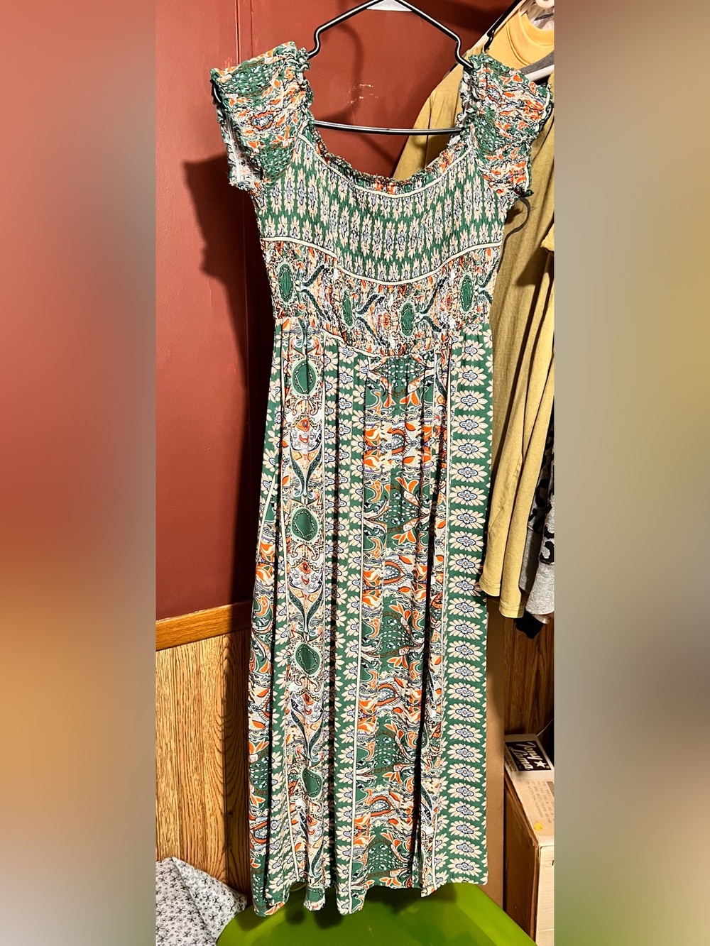 Green Paisley Boho Maxi Dress with Orange Accents